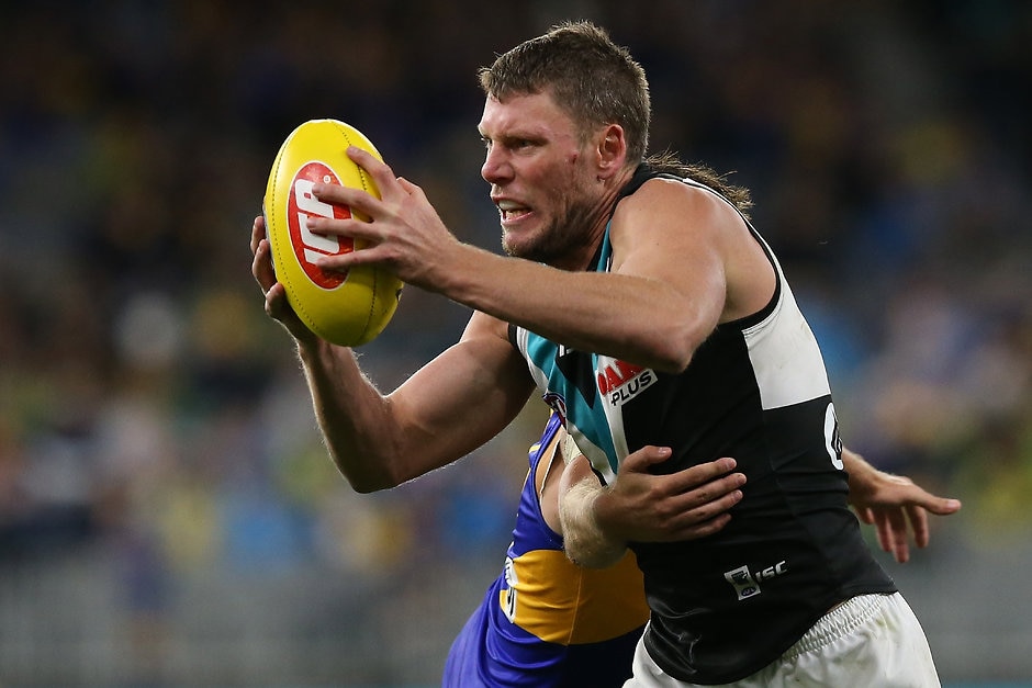 AFL 2019 Round 05 - West Coast v Port Adelaide PERTH, AUSTRALIA - APRIL 19: Brad Ebert of the Power breaks from a tackle by Andrew Gaff of the Eagles during the round 5 AFL match between West Coast and Port Adelaide at Optus Stadium on April 19, 2019 in Perth, Australia. (Photo by Paul Kane/Getty Images)